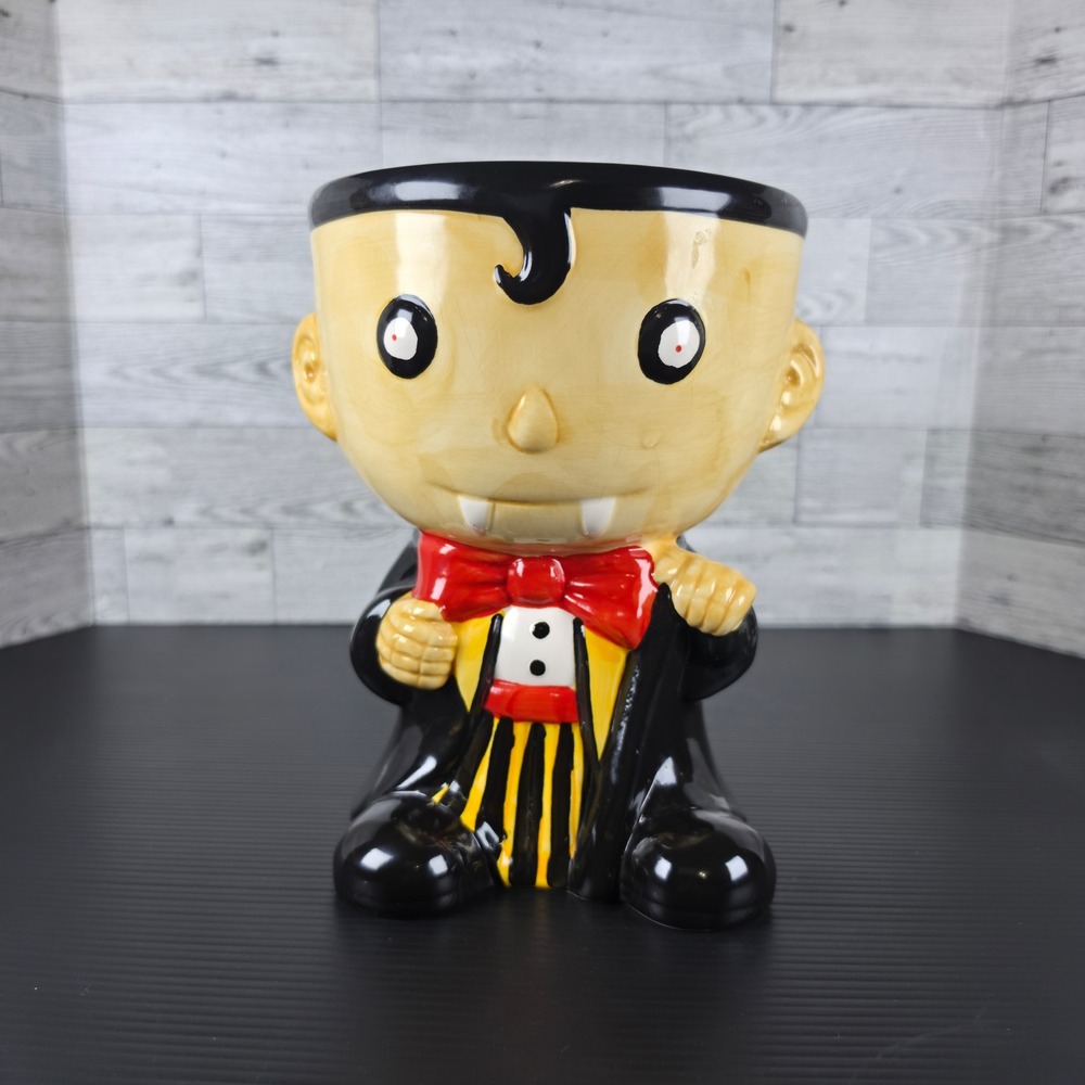 Halloween Vampire Dracula Ceramic Planter Candy Bowl Black Red Yellow 7 Inch
